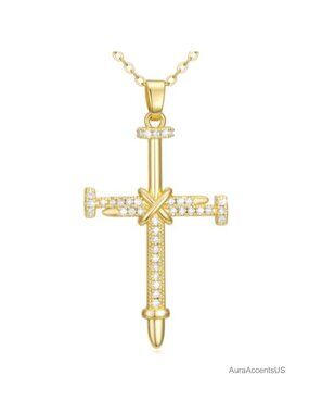 14k Gold Nail Cross Pendant Necklace for Women Christian Religious Jewelry